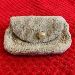 Antique Beaded Belt Purse | Dance Clutch, Beige on Ecru w/ Pearl Button Closure